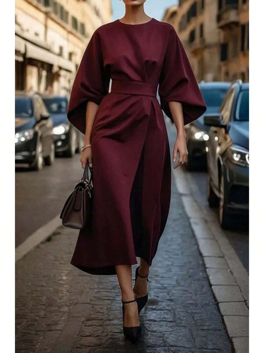 2026 Women S European American Fashion Elegant Solid Color Waist Cinching Bat Sleeve Long Dress Casual Party Work Office Dresses - 酒紅色 - 查看 1