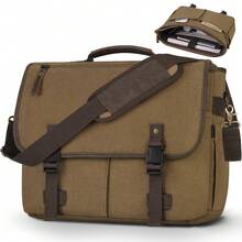 NEWHEY Men's Briefcase Messenger Bag, Large-Capacity Laptop Briefcase 15.6-Inch Men's Canvas Laptop Briefcase With Adjustable Shoulder Strap, Khaki - Multicolor - View 1
