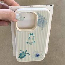 1个TPU材质清新蓝白条纹海龟比基尼贝壳花纹手机壳，兼容 17 Pro Max/17/16 Pro Max/15/13/12/11、S20 FE/A15/S24/A55、Note 11/Note 12/Note 13 Pro，全包防摔软壳保护套 - 白色 - 查看 3