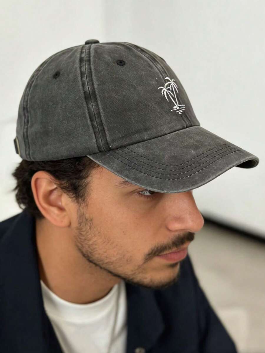1pc Men's Distressed Embroidered Coconut Tree Baseball Cap - A - View 1
