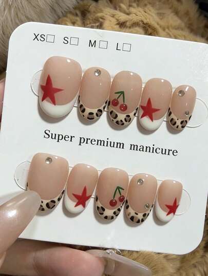 10片纯手工制作的按压式美甲贴片，短款椭圆形美甲贴片，红棕色美甲贴片，复古甜美风格，裸粉色豹纹，法式贴片，手绘星星和樱桃图案，可爱甜美少女款按压式美甲贴片，适合女性和女孩，春夏秋冬节日派对及日常佩戴。