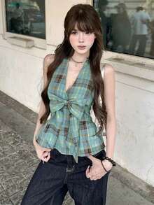 夏季新款法式蝴蝶结优雅吊带露背吊带背心（随机格纹） - 綠色格子 - 查看 1
