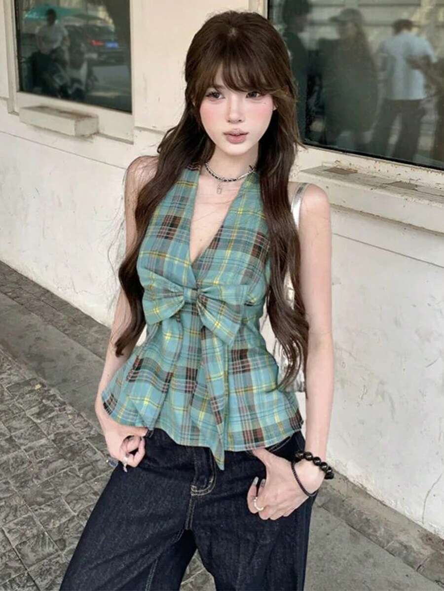 夏季新款法式蝴蝶结优雅吊带露背吊带背心（随机格纹） - 綠色格子 - 查看 1