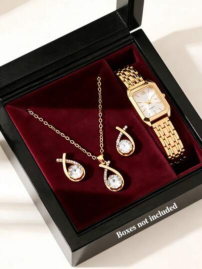 Luxury Compact Steel Quartz Watch And Hollow Water Drop Inlaid Necklace Earrings Jewelry Set, Gold Tone Teenager Steel Band Analog Wrist Watch Set, Steel Folding Buckle Strap, Inlaid Design, Suitable For Daily, Party, Banquet Outfit, Back To School Season, Music Festival Selected Goods, Birthday Gift For Others, No Box Included
