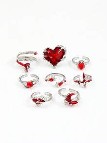 8 pezzi Set di anelli da donna in stile punk con cuore a goccia rossa, strass a forma di ragno e luna crescente con cuore e strass - Argento - Visualizzare 5