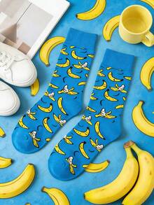 1双男女通用趣味香蕉印花中筒袜，水果图案透气吸湿袜，适合春夏穿着 - 彩色 - 查看 10