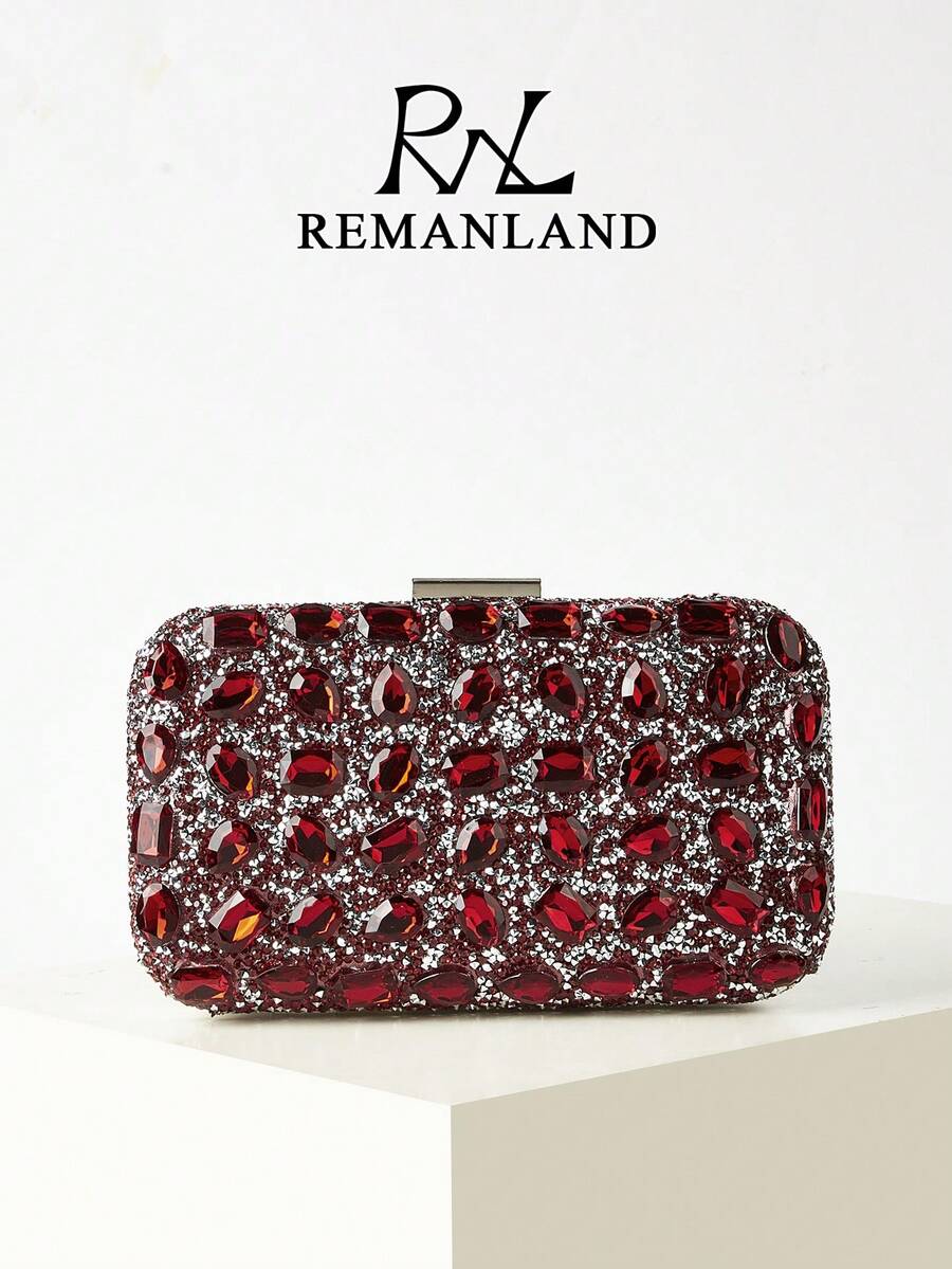 REMANLAND 闪亮优雅的盒形手拿包，时尚手提包，酒红色水钻链条单肩包，适合女性出席派对、婚礼、晚宴、宴会等场合，是送给女性的理想礼物，也是派对、婚礼、舞会、晚宴的完美之选。 - 酒紅色 - 查看 1