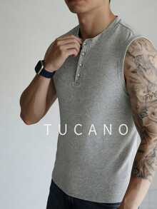 Men's Heather Gray Sleeveless Henley Top Old Money Style Business Casual Knit Vest For Office & Refined Daily Wear - Grey - View 4