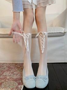1双薄款春夏芭蕾舞风格交叉系带小腿袜，洛丽塔蝴蝶结过膝袜，缎面蝴蝶结透明渔网过膝袜，蕾丝边渔网长袜，透视过膝袜，夏季必备，可爱棒棒糖蝴蝶结设计秋季过膝长袜，雪纺蝴蝶结过膝袜，女士薄款腿套 - 彩色 - 查看 5