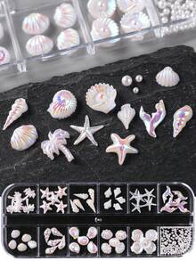 12件套3D极光海洋美甲装饰 - 沙滩风五角星、贝壳、美人鱼尾巴、椰子树美甲装饰，带珍珠，Y2K霓虹美人鱼效果美甲配件，春夏假日美甲用品，DIY美甲饰品制作工具 - 白色 - 查看 6