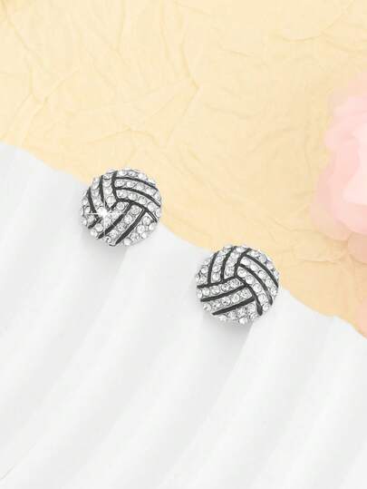 1 Pair Delicate Small Black & White Contrast Volleyball Design Rhinestone Stud Earrings, Collegiate Style Earrings Suitable For Daily Wear