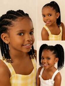 1Pc/2Pcs 8 Inches Kids Fluffy Curly Short Ponytail Wig With Gold Or Silver Beads, Heat-Resistant Synthetic Fiber, Suitable For Girls/Children - Black - View 5