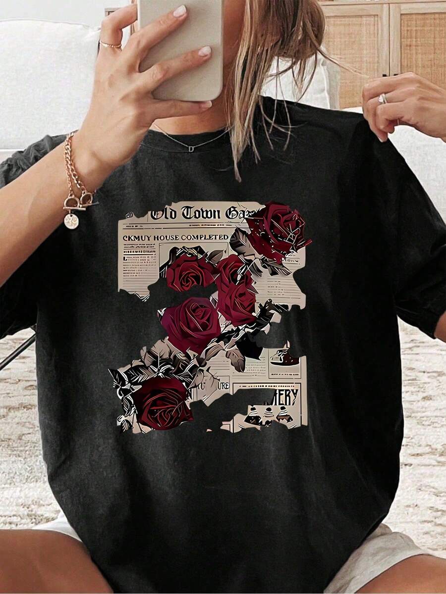 Cute Interesting And Comfortable Pattern Short-Sleeved T-Shirt Featuring Retro Roses And Old Newspaper Retro Roses And O - 黑色 - 查看 1