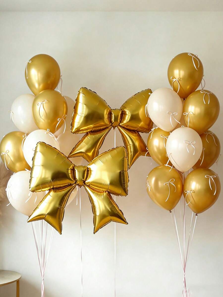 12pcs Large Gold Bow Foil Balloons, Gold & Macaron Color Latex Balloon Set, Includes Ribbons & Glue Dots For DIY, Suitable For Wedding, Engagement, Anniversary, Princess Party, Birthday Party Decoration - Gold - View 1