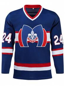 24# 蓝色冰球长袖T恤，男士休闲刺绣V领派对运动上衣 - 藍色 - 查看 2