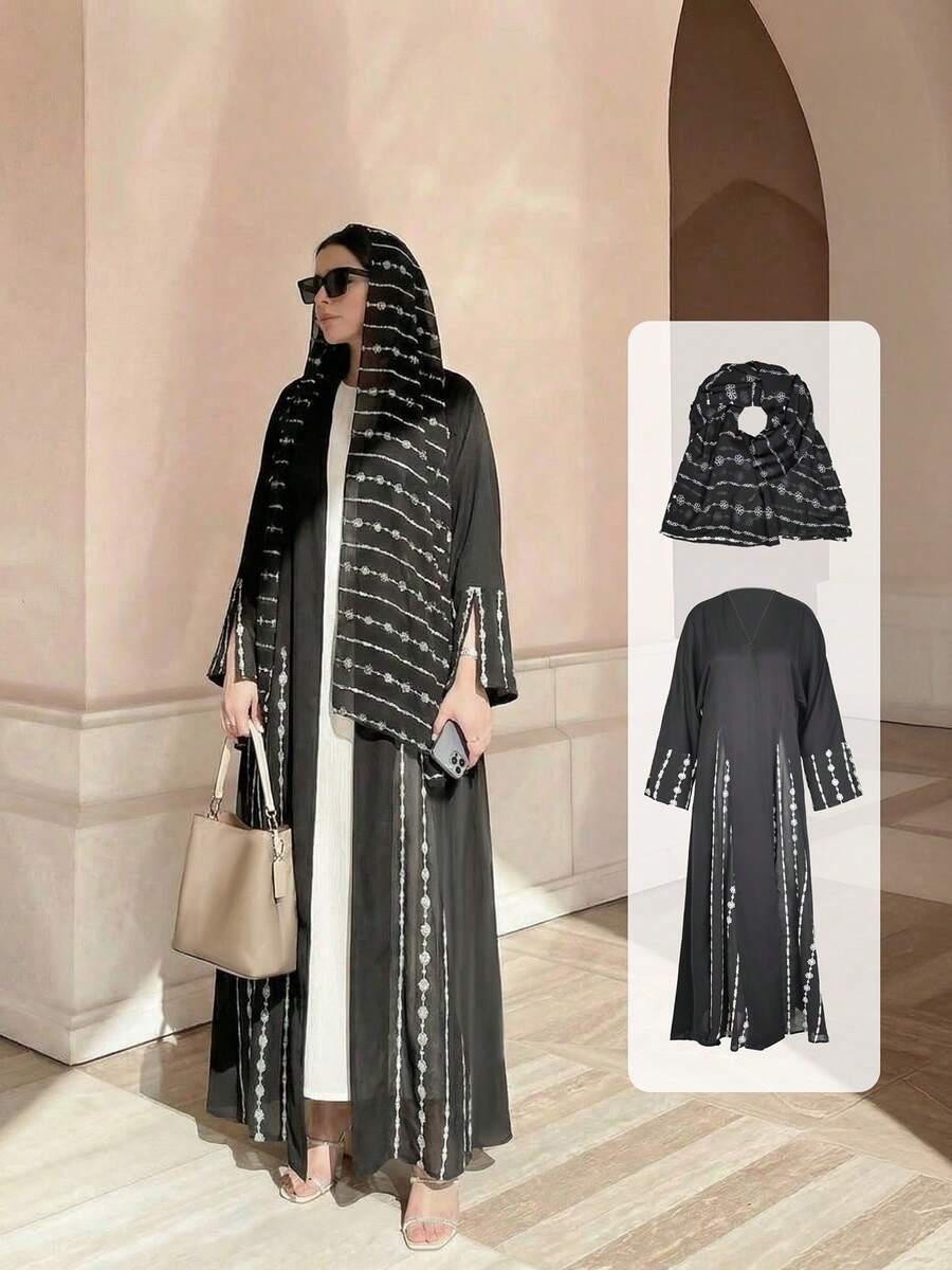 2pcs Women Embroidered Robe & Headscarf Set - Elegant & Dignified, Suitable For Spring & Summer - Classic Black - View 1