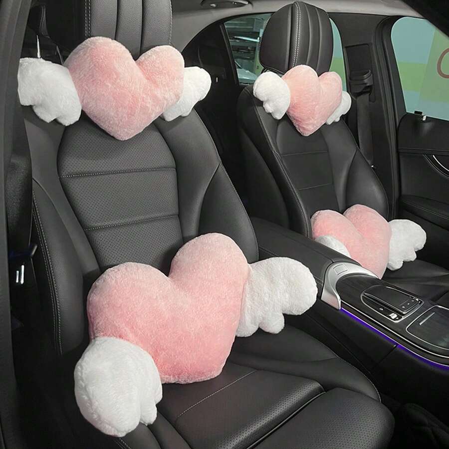 1pc Car Plush Headrest Neck Protection Pillow Plush Heart-Shaped Wings Car Neck Pillow Cushion Car Interior Supplies