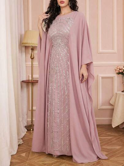Solessence Plus Size Women Luxury Elegant Sequin Lace Splice Matte Satin Long Sleeve Round Neck Maxi Nightgown Dress