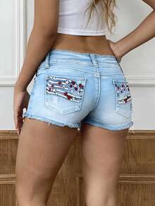 Women's Casual Distressed Denim Shorts With Unique American Flag Pattern And Frayed Hem, Sexy Boho Style Short Design Summer - Light Wash - View 5