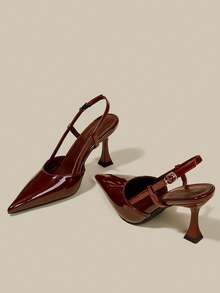 女士酒红色漆皮细高跟尖头闭趾高跟鞋，优雅正式时尚搭扣派对礼服鞋，办公室搭扣踝带高跟鞋 - 酒紅色 - 查看 4