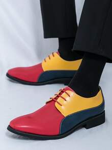 时尚新款男鞋休闲时尚系带正装鞋休闲鞋男士婚礼鞋 - 藍黃紅色 - 查看 3