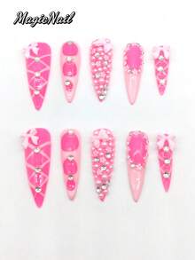 10片纯手工压制可佩戴美甲贴片，45mm长杏仁形，粉色，3D粉色蝴蝶结饰品，粉色网格线，水钻白色珍珠3D小花覆盖部分甲面，造型可爱。尖头美甲贴片，春日美甲贴片。 - 彩色 - 查看 1