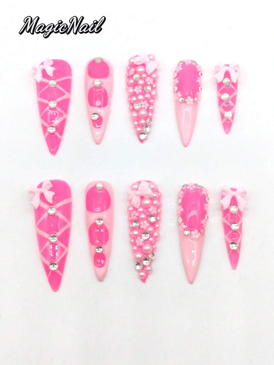 10片纯手工压制可佩戴美甲贴片，45mm长杏仁形，粉色，3D粉色蝴蝶结饰品，粉色网格线，水钻白色珍珠3D小花覆盖部分甲面，造型可爱。尖头美甲贴片，春日美甲贴片。 - 彩色 - 查看 1