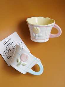 1pc 220ml Ceramic Coffee Cup With Embossed Floral Design Minimalist Asymmetric Rim Mug Pink Checkered Pattern With Blue Stripes Suitable For Home Decor Tableware Coffee Shop Latte And Milk Cup Summer Party Beverage Cup Giftware - Multicolor - View 9