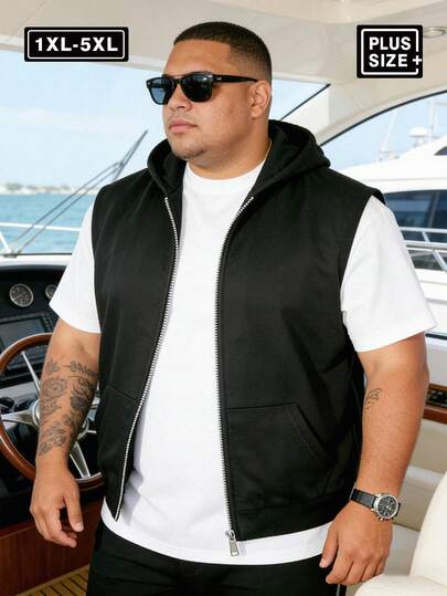 Plus Size Men's Hooded Sports Jacket, Fashionable Casual Vest, Summer Casual Top, Black Hooded Vest, Suitable For Daily Wear, Ideal For Sports And Vacations, An Excellent Gift For Your Husband, Perfect For The Gym, And A Must-Have Item For Fashionable And Outfits