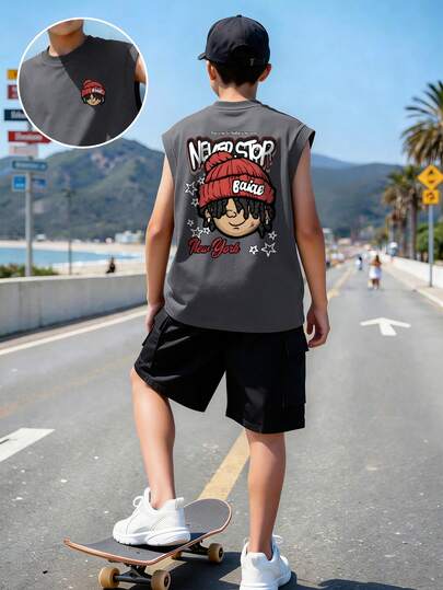 Bộ đồ thể thao phong cách hiphop dành cho nam thiếu niên: áo tank top không tay cổ tròn và quần cargo, thiết kế mới thoải mái cho mùa xuân/hè.