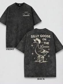 Plus Size Screen Printed Soft Cotton T-Shirt Silly Goose Western Vintage Style Casual Daily Wear Relaxed Fit - 黑色 - 查看 1