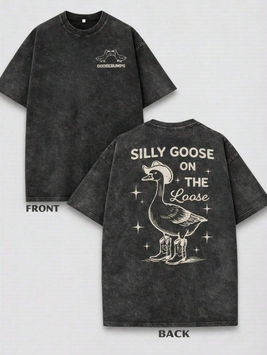 Plus Size Screen Printed Soft Cotton T-Shirt Silly Goose Western Vintage Style Casual Daily Wear Relaxed Fit - 黑色 - 查看 1