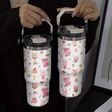 1pc/5pcs 30oz Cute Pink Forest Animal Pattern Ceramic Mug. The Mug Has A Handle, And The Pattern Includes Owl, Fox, Rabbit And Hedgehog, Very Suitable For Children And Girls, Also A Great Gift. - Pink - View 1