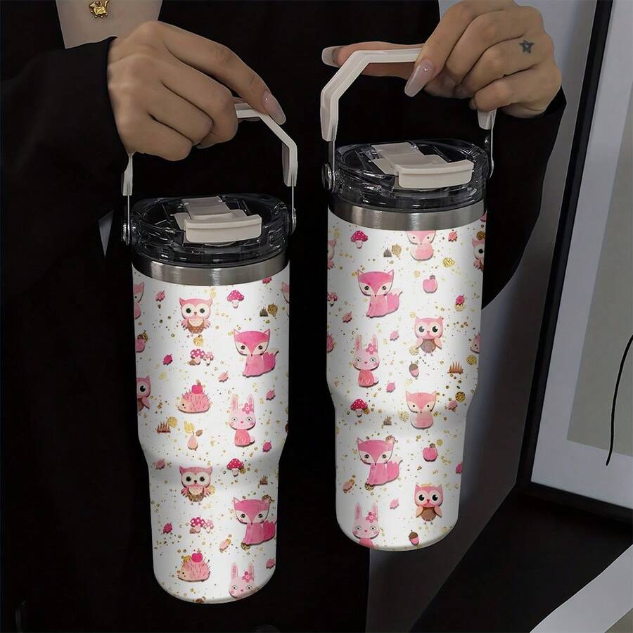 1pc/5pcs 30oz Cute Pink Forest Animal Pattern Ceramic Mug. The Mug Has A Handle, And The Pattern Includes Owl, Fox, Rabbit And Hedgehog, Very Suitable For Children And Girls, Also A Great Gift. - Pink - View 1