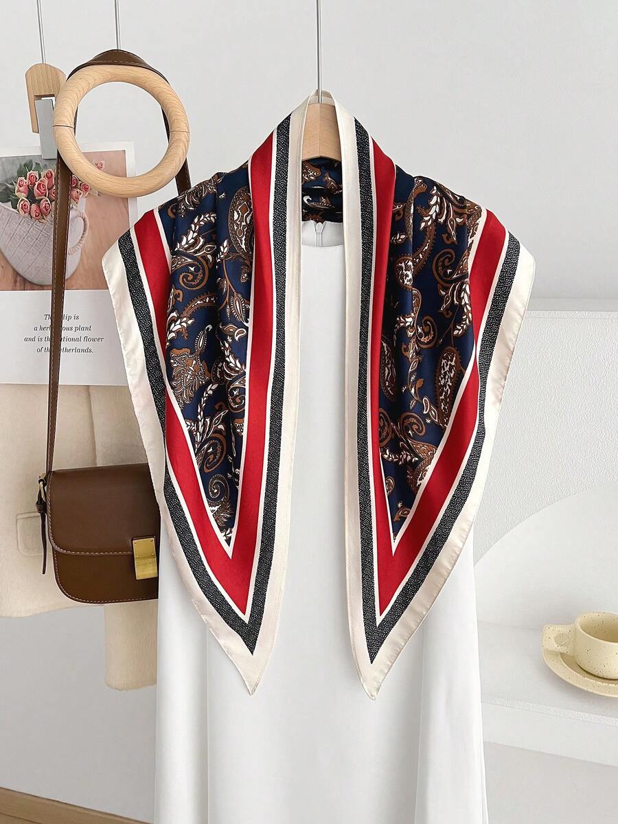 1pc Paisley Pattern Elegant Polyester Scarf, Versatile Decoration For All Seasons,Beach,Holiday - #2 Navy Blue Cashew Flower - View 1