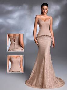 Đầm dạ hội/đám cưới thanh lịch kiểu retro, màu nude, cổ chữ V sâu, xếp ly peplum, đuôi cá, thắt dây, chất liệu ren tua rua, cổ đuôi cá. - Bụi hồng - Xem 7