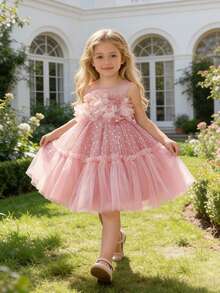 Young Girls Elegant Ruffle Mesh Floral Cake Dress, Suitable For School Dances, Birthday Parties - Pink - View 2