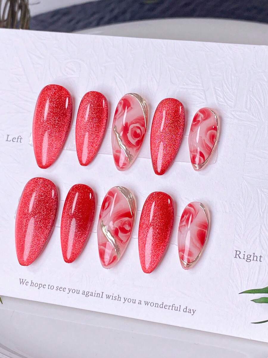 10片手工制作的按压式美甲贴片，短款美甲，假指甲，法式美甲贴片，杏仁形美甲，红色闪粉美甲，扎染玫瑰美甲，手绘扎染玫瑰图案美甲，金色镶边装饰美甲，包含美甲工具，快速贴合和卸除，适合女性和女孩，新年红色玫瑰风格杏仁形美甲贴片