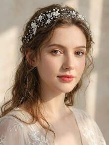 1件闪亮合金水钻花朵头饰，优雅珍珠水晶新娘花冠头饰，适合婚礼、伴娘、庆典、派对、节日、休闲场合佩戴 - 彩色 - 查看 2