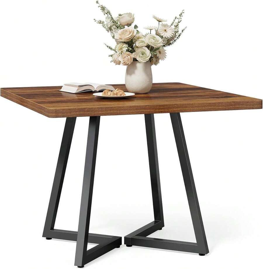 Kleiner Esstisch für 4 Personen, quadratischer Esstisch für kleine Räume, Esszimmertische, rustikaler brauner Holz-Küchentisch mit Metallbeinen, moderner Freizeit-Café-Tisch für Wohnung FFPT - 1 - Übersicht 1