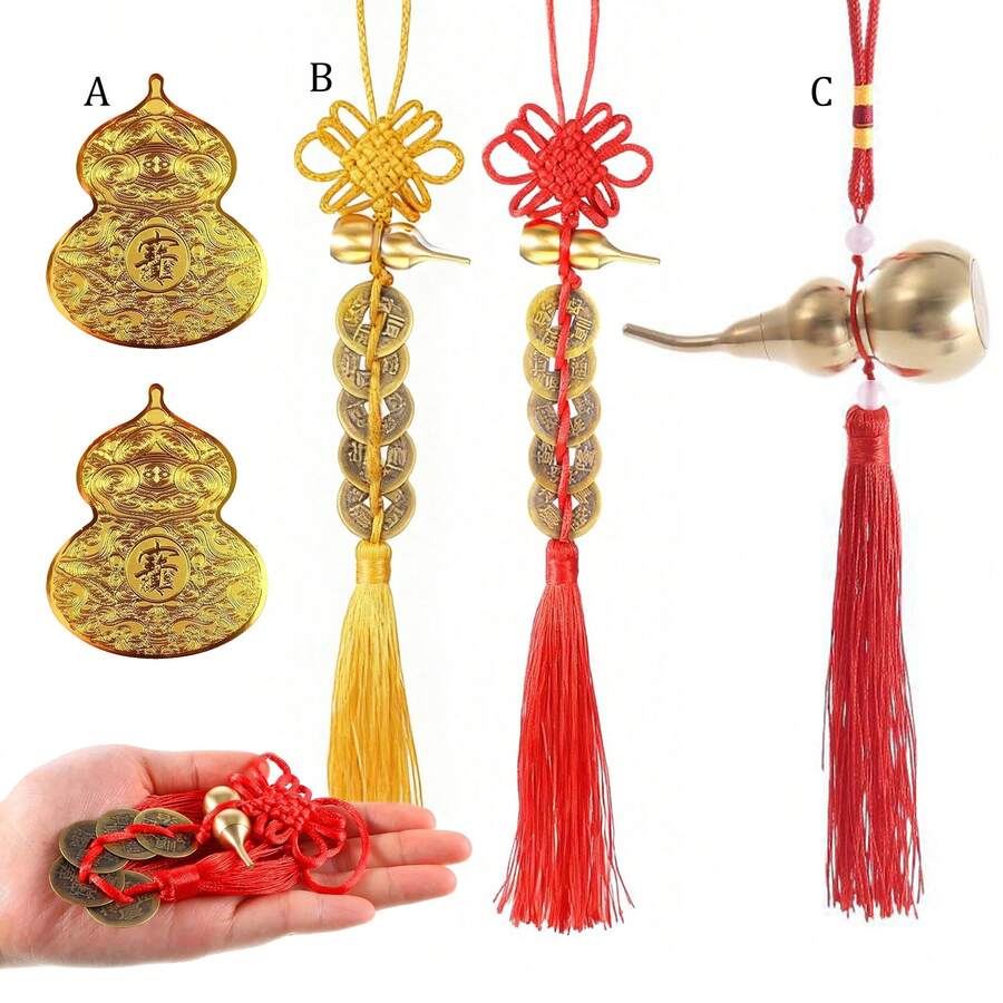 1pc/4pcs Feng Shui Good Luck Pendant (Metal Gourd With 5 Coins) As A Blessing Gift Brings Health, Success, Tranquility, And Wealth. Suitable For Car Furniture, Bags, Homes, Offices, And Other Scenes
