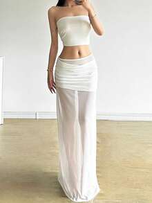 Top Dazzle Jupe longue transparente en maille blanche sexy pour femmes avec détails contrastés, idéale pour les soirées et les événements d'été - Blanc - Voir 2