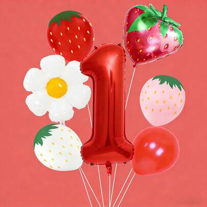 1 Set de decoraciones de fiesta con tema de fresa, incluye número rojo de 32 pulgadas, globos con forma de fresa, globos de margarita, adecuado para fiesta de cumpleaños de bebé, fiesta de niña, reunión de novia, picnic, celebración de vacaciones y talla grande