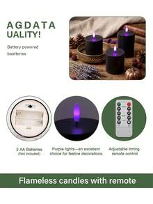 3pcs Flameless Candle Lights With Timer Remote Control, Battery Operated Black Purple Light, Suitable For Christmas, Halloween, Valentine's Day, Mother's Day, Gift, Birthday, Dining Table, Party, Holiday - Black - Purple Light Edition - View 10