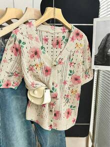 Women's Floral Print Hollow Out Short Sleeve V-Neck Knit Cardigan, Regular Fit Front Button Lightweight Top, Vacation Wear, Summer - Khaki - View 2