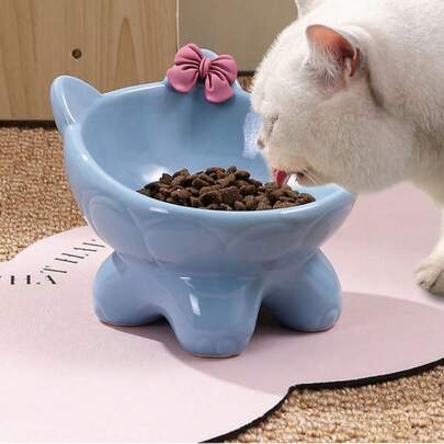 Bát ăn cho mèo bằng gốm có chân đế và nơ, bát ăn dễ thương cho mèo con, chống nôn và giảm mỏi râu.