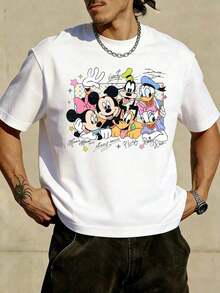 Disney A Fun, Quirky, And Cartoon-Themed Men's Short-Sleeve T-Shirt-An Excellent Choice For A Birthday Gift. Featuring A Distressed Vintage Finish And A Seamless Design, It Is Crafted From Pure Cotton Fabric That Offers Both Comfort And Breathability. Its Style Blends Casual Outdoor Vibes With Street-Style Flair, Complete With A Classic Crew Neckline. As A High-Quality Fashion Piece, It Makes For An Ideal And Delightful Surprise Gift For Friends And Family. - 白色 - 查看 3