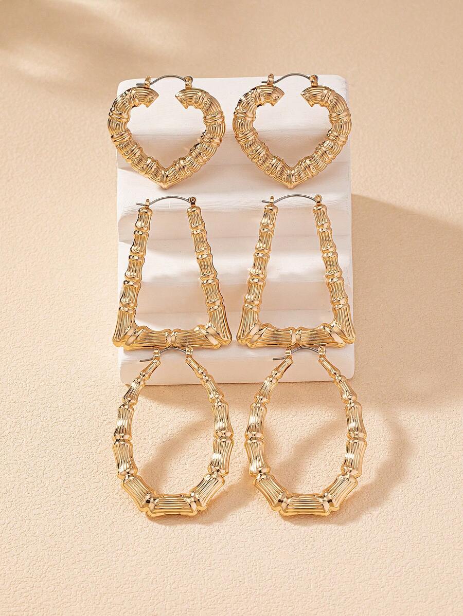 6pcs/Set Of Ultra-Light Bamboo Earrings Suitable For Parties And Daily Wear - Yellow Gold - View 1