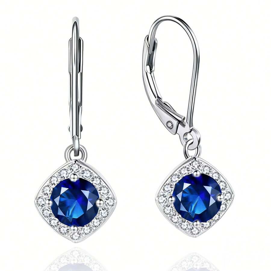 纯银经典杠杆式耳环 女士圈形耳环 低过敏性蓝色立方氧化锆耳环 时尚精致耳环 生日礼物 - 銀色 - 查看 1