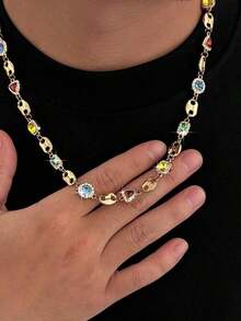 1pc Vintage Luxurious Multi-Color Geometric Crystal Necklace, Men's Personalized Geometric Chain Necklace, Daily Party Outfit Accessory, Couples Necklace, Holiday Gift - 幾何水鑽項鍊 - 查看 3